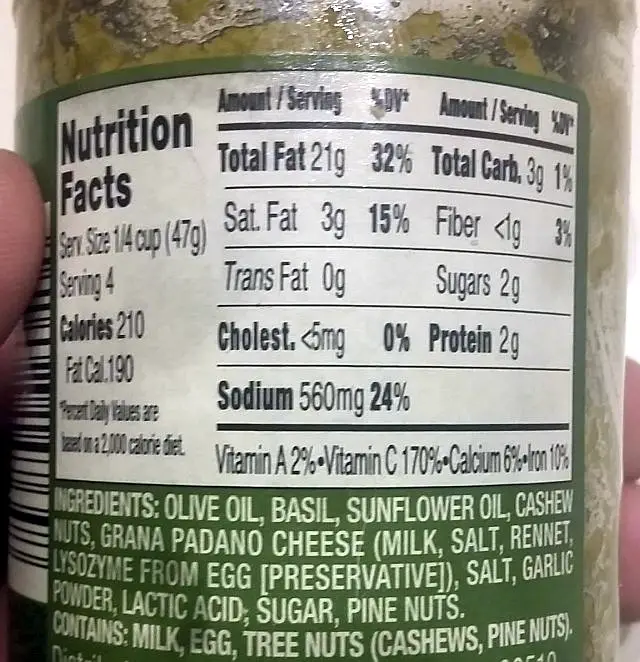 Pesto label showing sodium content
