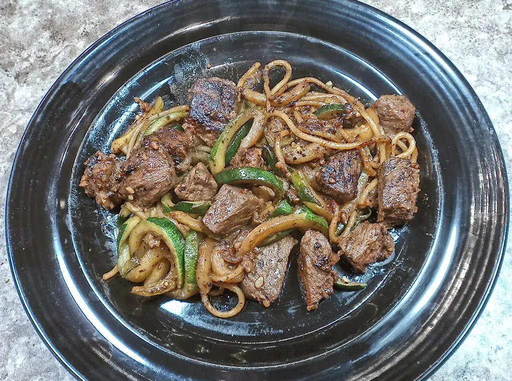 low sodium steak bites and zuchinni noodles ready to eat