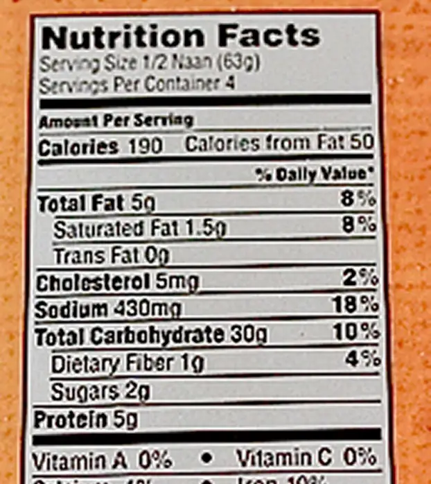 store purchased naan nutrition label example