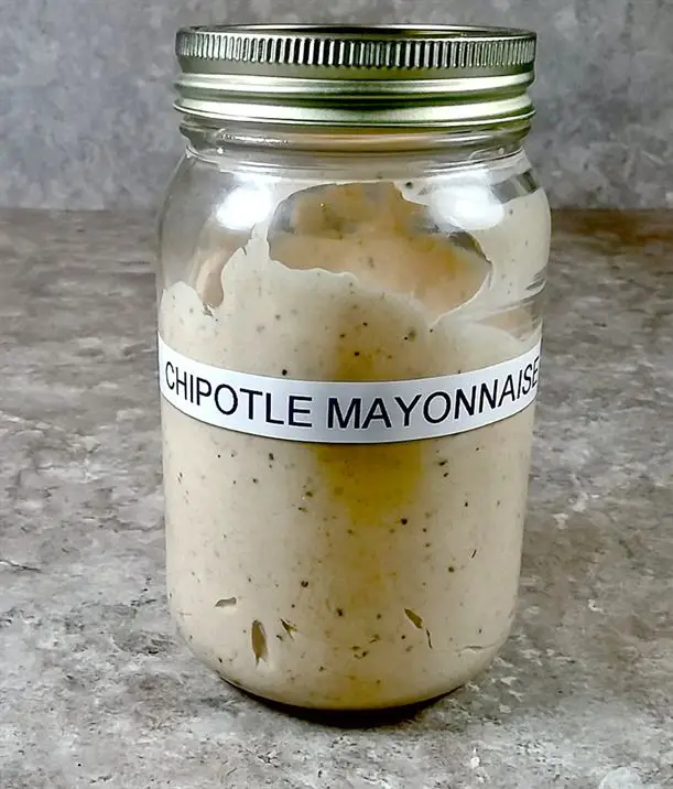 low sodium chipotle mayonnaise stored in glass screw top jar