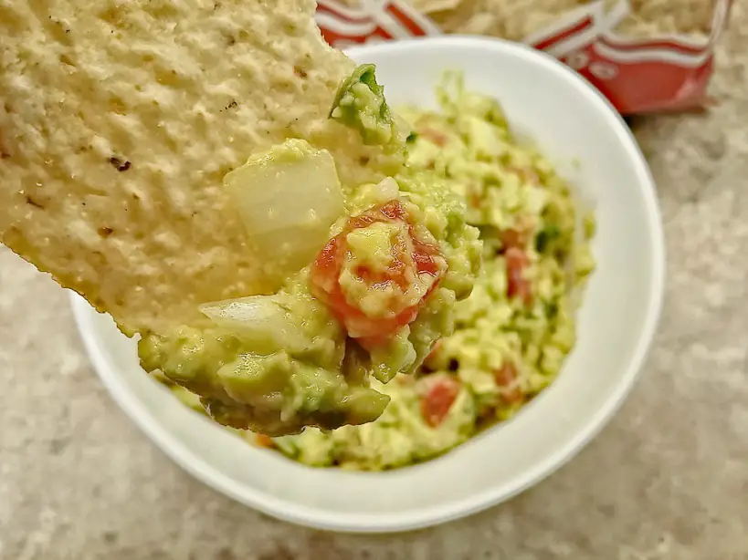 low sodium guacamole on tortilla chip