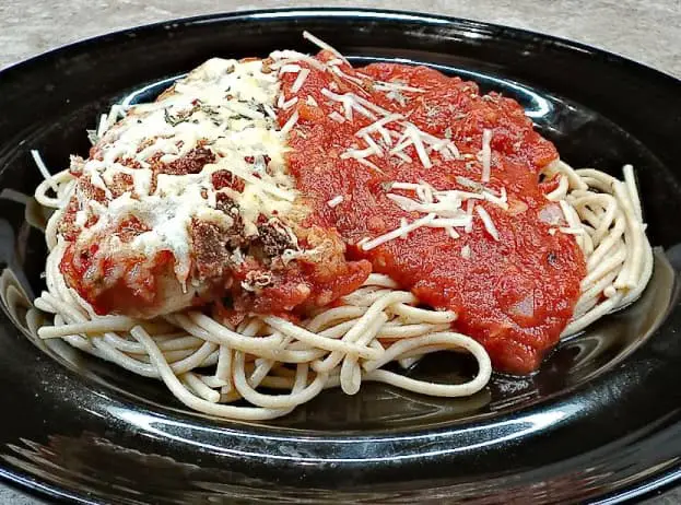 low sodium parmesan chicken on spaghetti