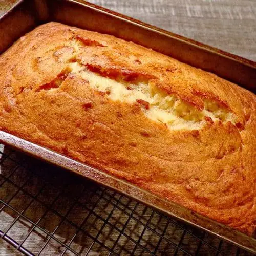 Finished banana bread in loaf pan