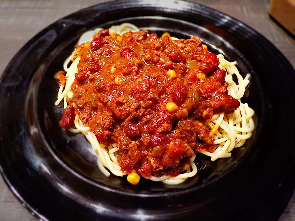 Low sodium chili over spaghetti