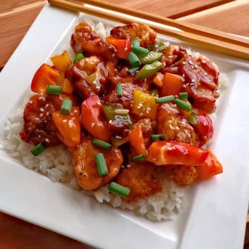 Low sodium chicken with sticky sauce and chop sticks