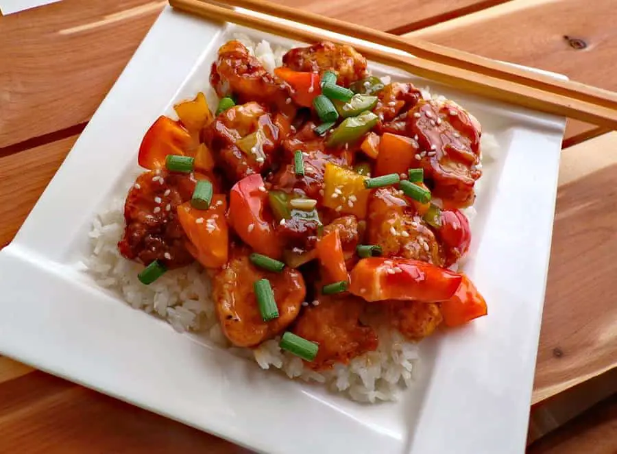 Low sodium chicken with sticky sauce and chop sticks