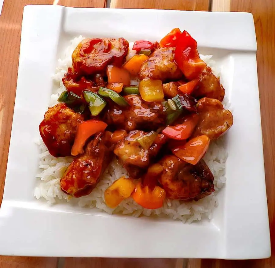 Sweet and sour chicken on rice