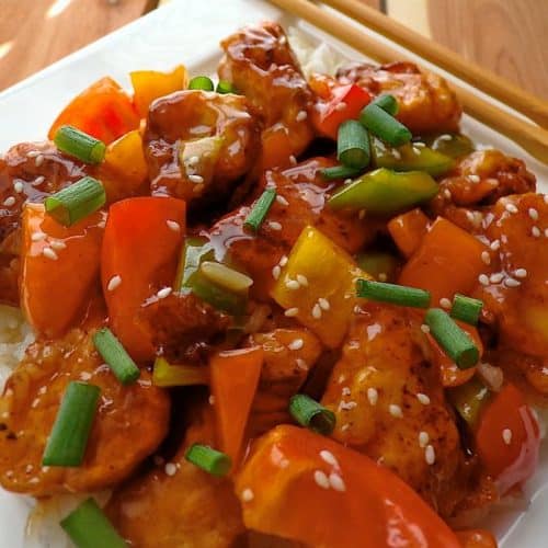 Sweet and sour sauce on crispy chicken