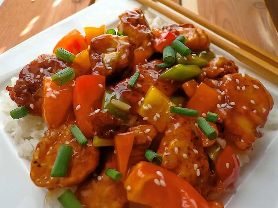 Sweet and sour sauce on crispy chicken