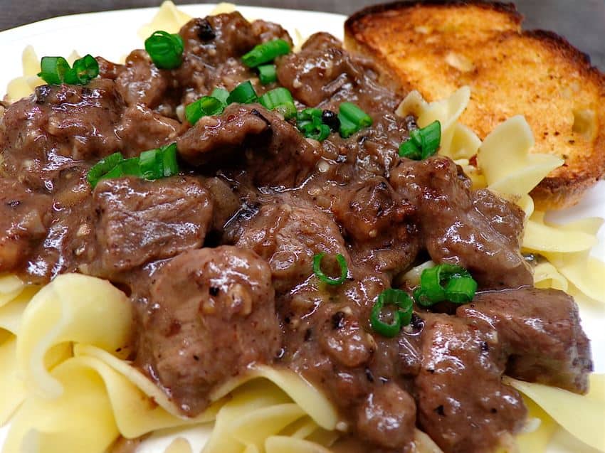 Beef tips and noodles with mushroom sauce