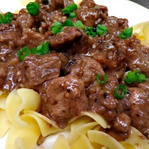 Savory beef tips and noodles