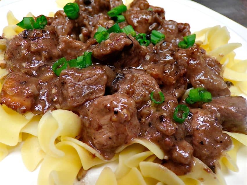 Savory beef tips and noodles