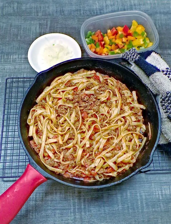 Low sodium taco spaghetti in cast iron skillet