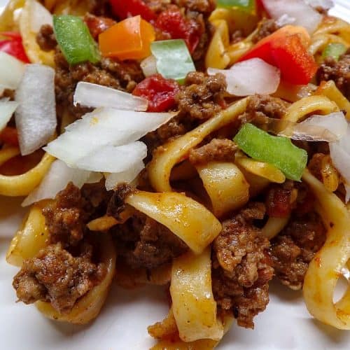 Low sodium taco spaghetti with peppers and onions