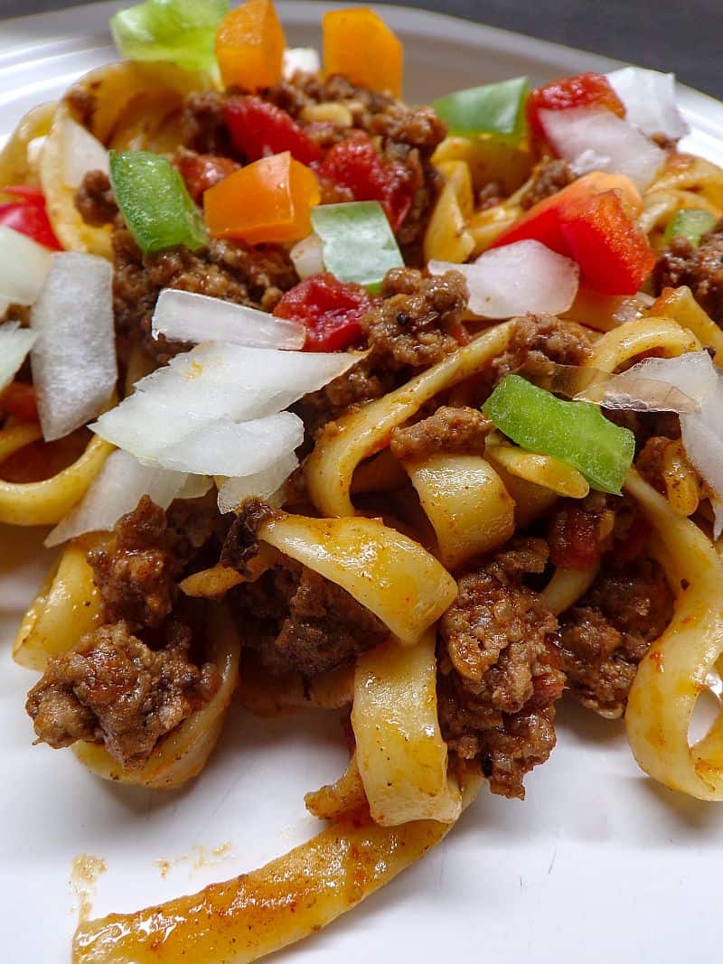 Low sodium taco spaghetti with peppers and onions