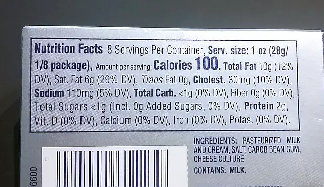 Original cream cheese nutrition label
