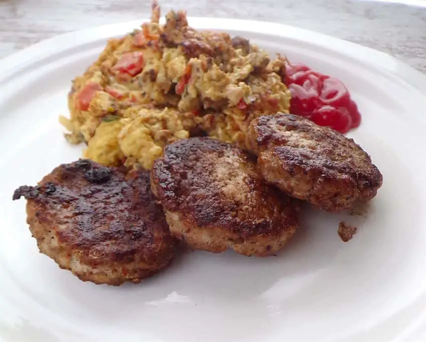 Sausage patties with scrambled eggs