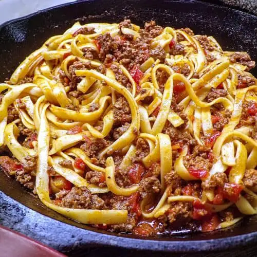 Spicy taco hamburger tomato and linguini