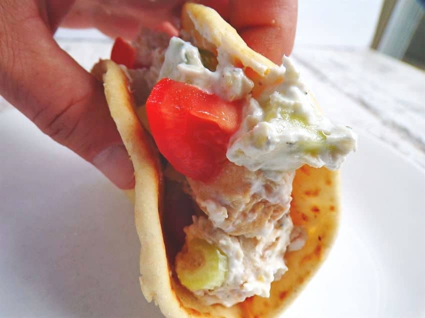 Dill chicken with tomato and celery on pita