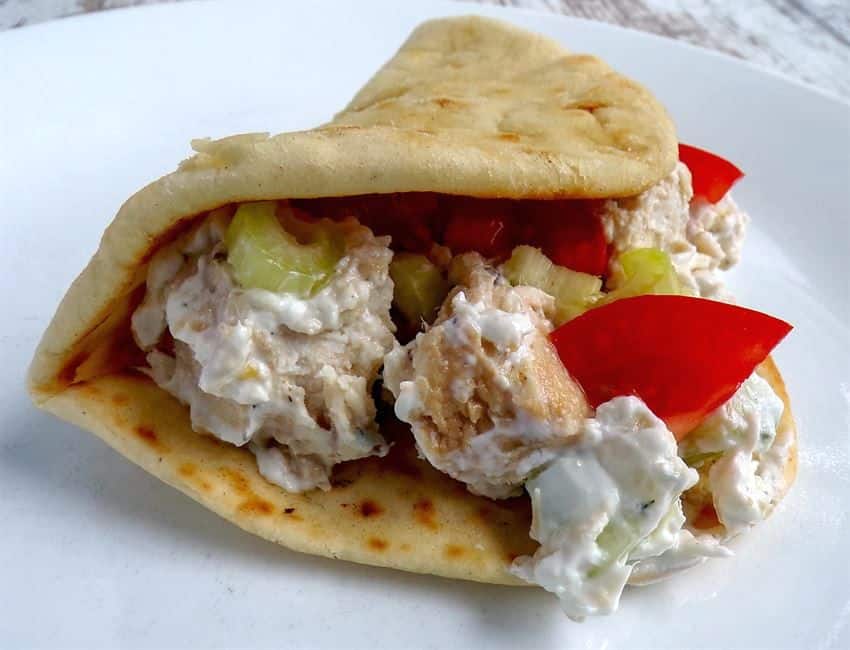 Tzatziki lemon dill chicken on warm pita