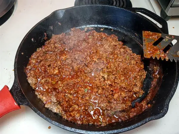 Low sodium Sloppy Joe simmering in skillet