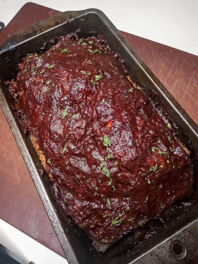 Low sodium meatloaf baked and glazed in pan
