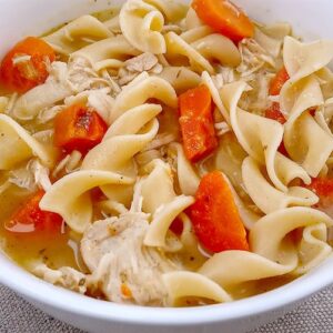 Chicken noodle soup close up