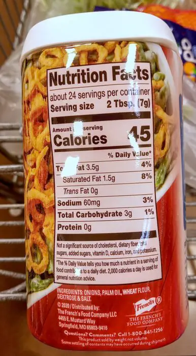 Fried French onions nutrition label