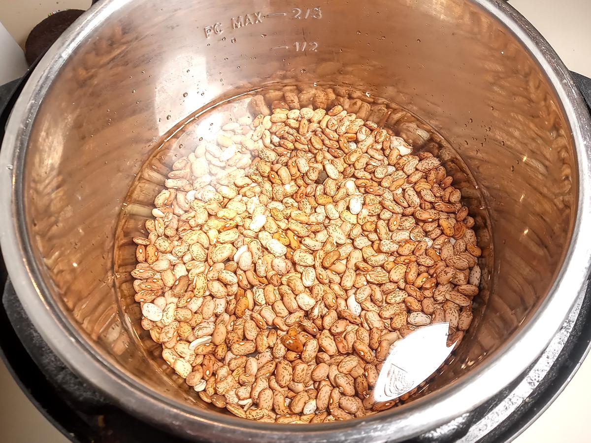 Dried pinto beans and water in pot