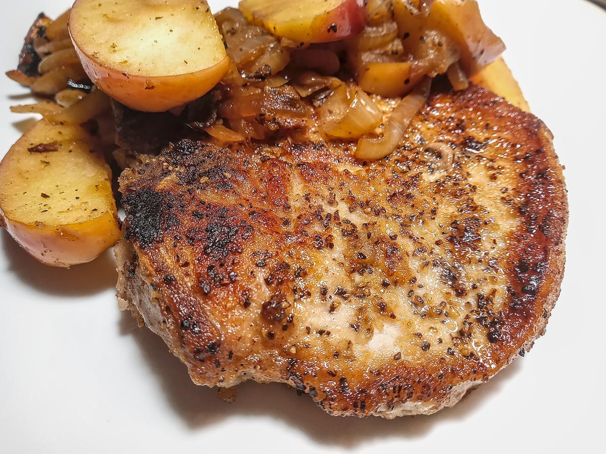 Seared pork chop apples and onions