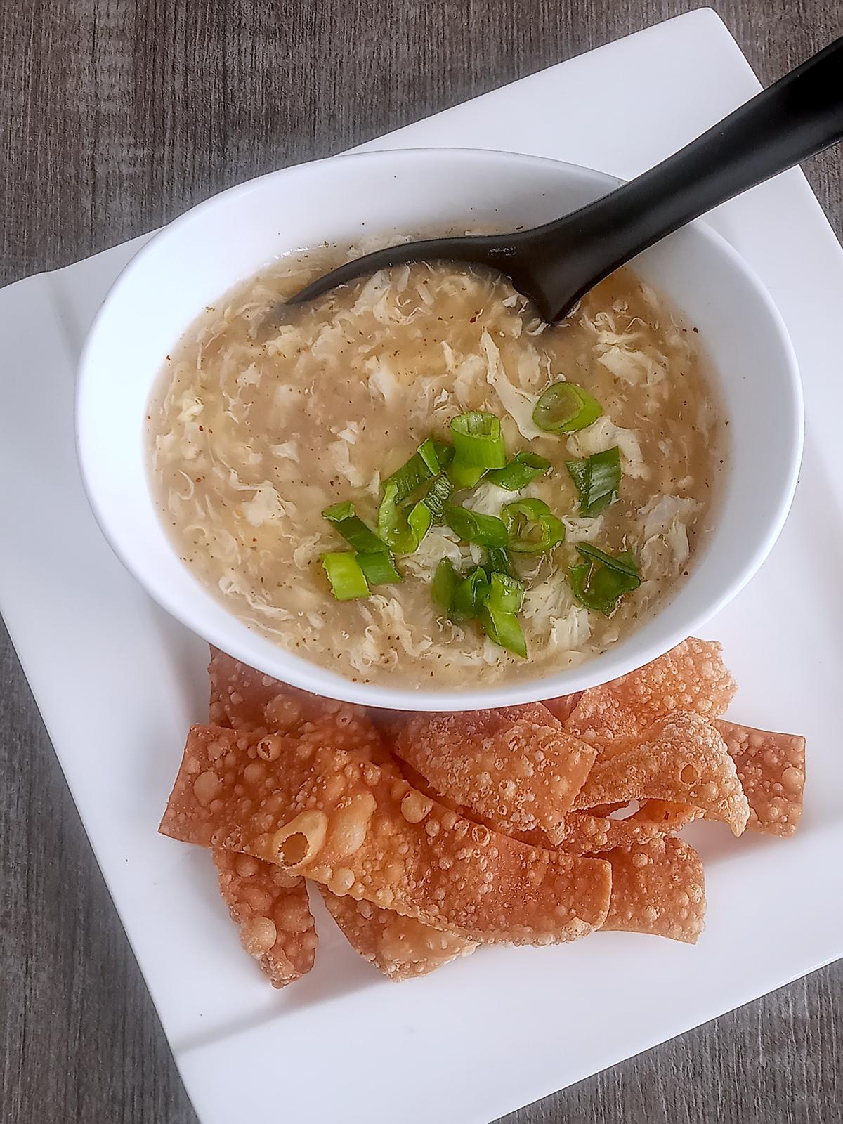 Low sodium egg drop soup with fried wonton strips.