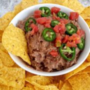 Low sodium refried beans with peppers and no salt chips.
