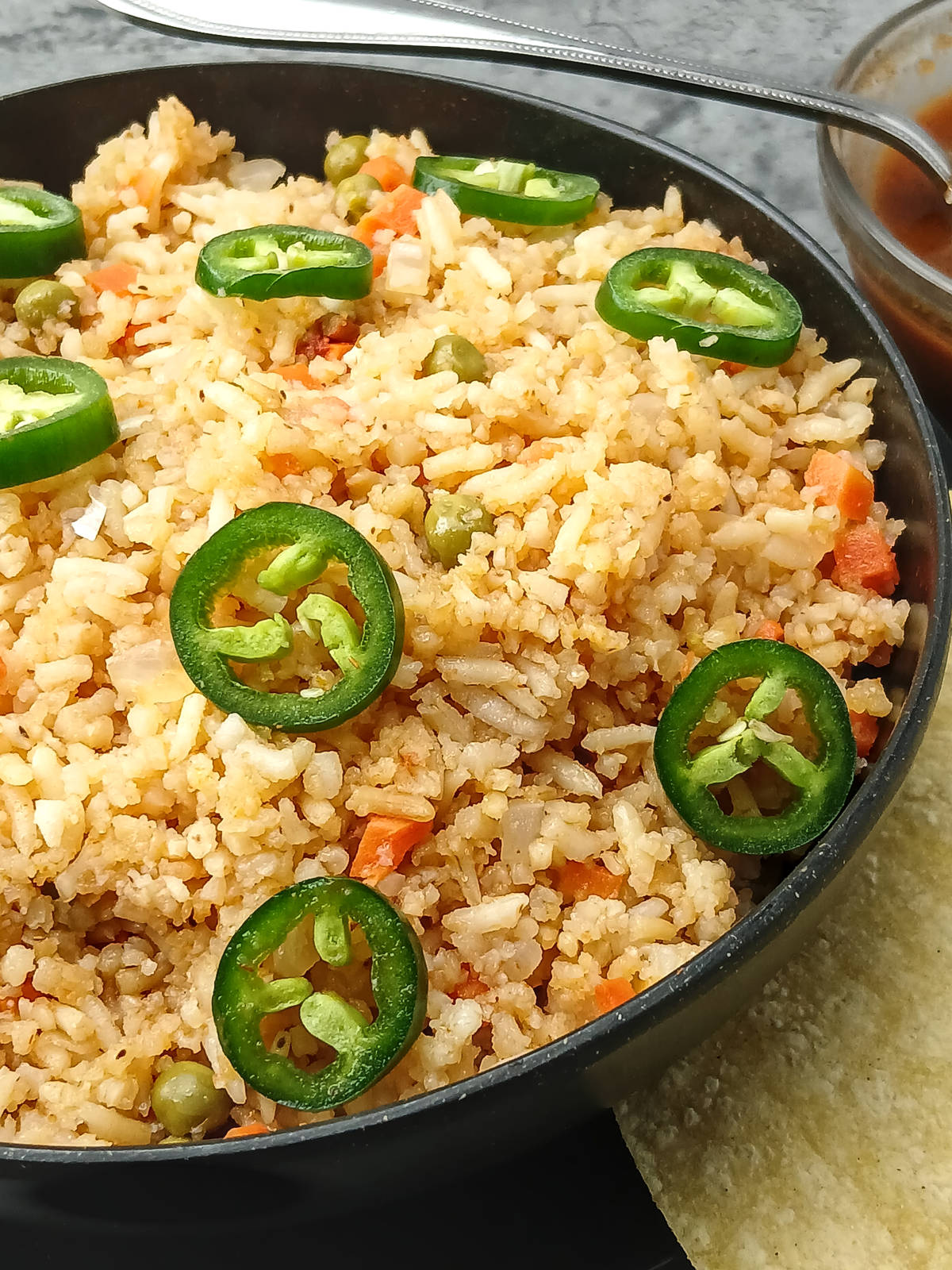 Low sodium Mexican rice side dish closeup