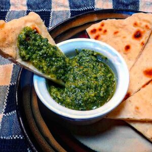 Low sodium pesto with warm pita triangles