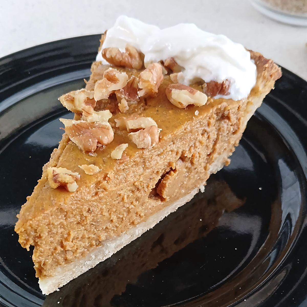 low sodium pumpkin pie slice closeup