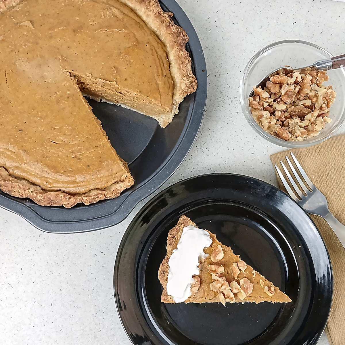 low sodium pumpkin pie top view slice of pie with pan