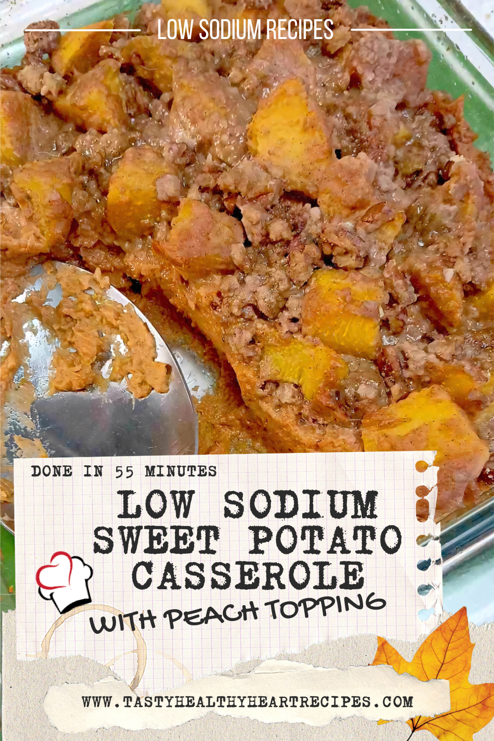 Low sodium sweet potato casserole Pinterest image close up in glass baking dish