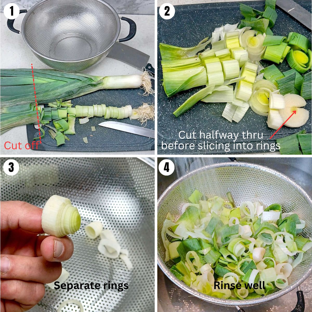 Step by step visual image of how to cut leeks.