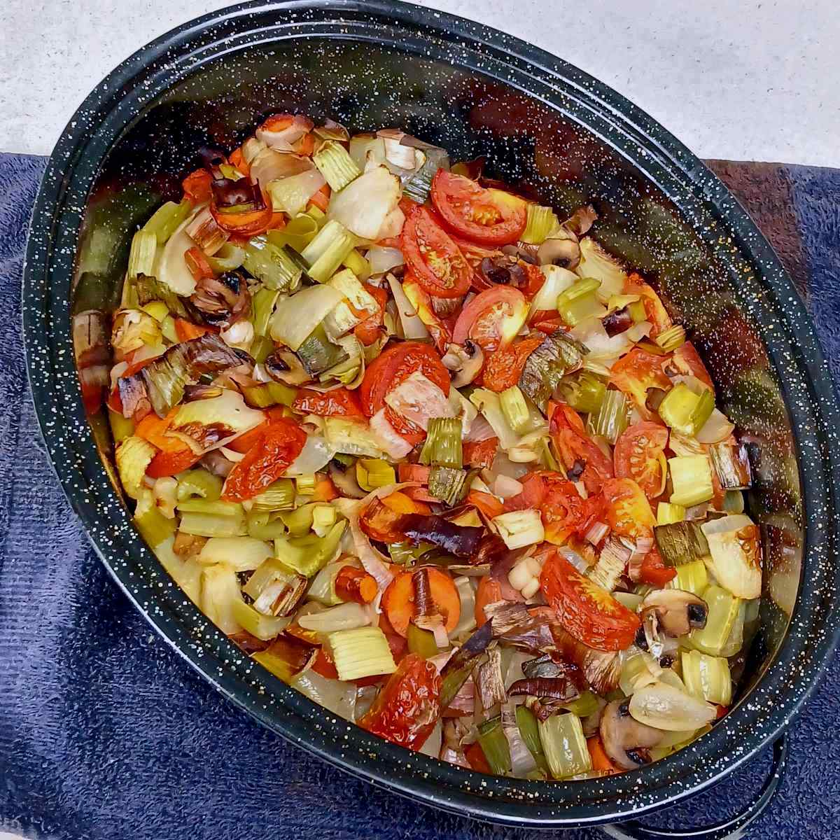 Finished roasted vegetables low sodium vegetable broth stock.