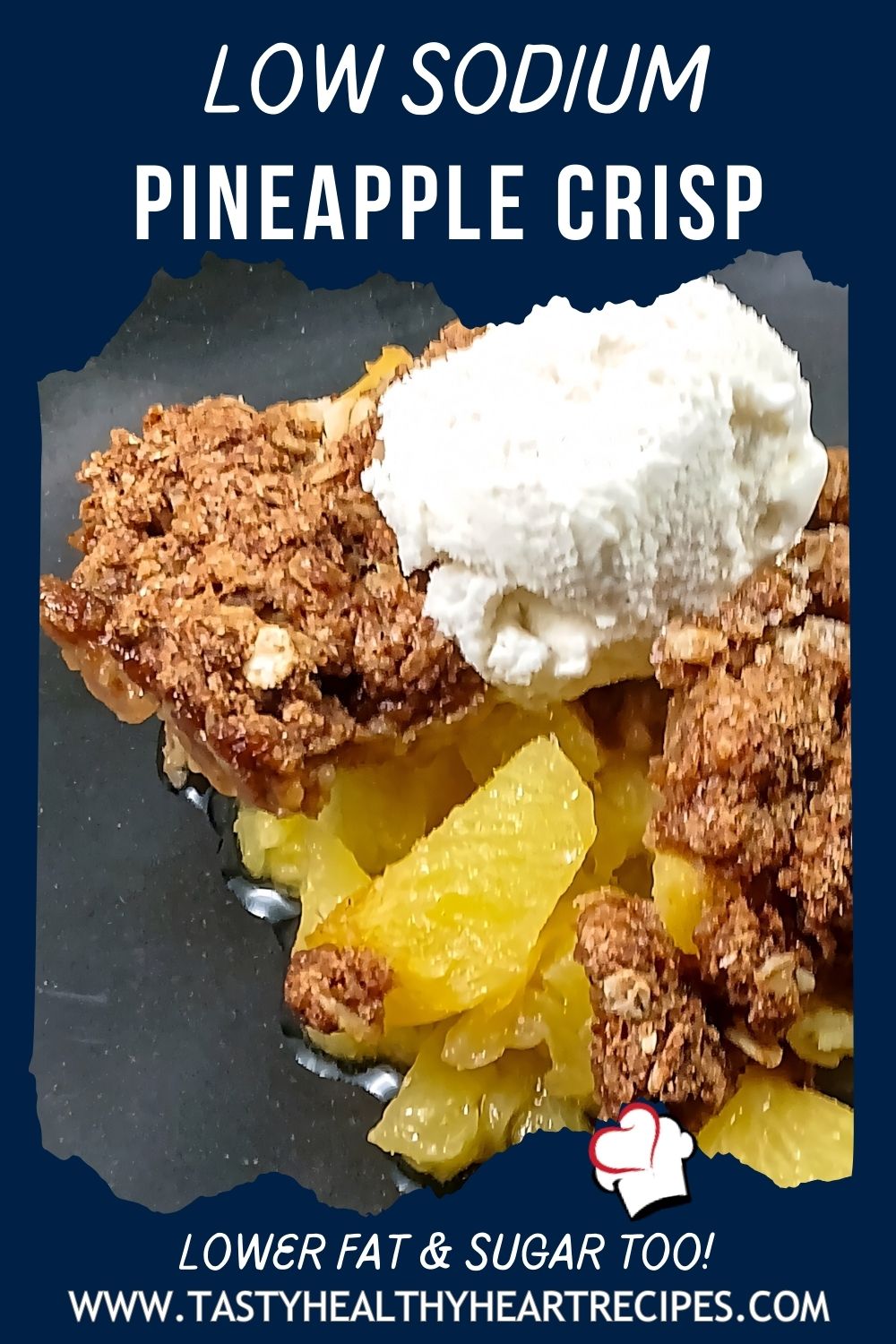 Closeup image of pineapple crisp with scoop of vanilla ice cream. Pin image