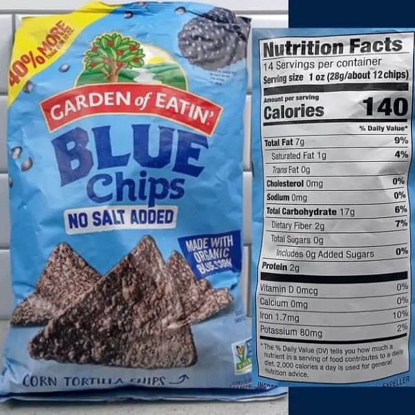 Garden of Eatin' Blue tortilla chips product shot.