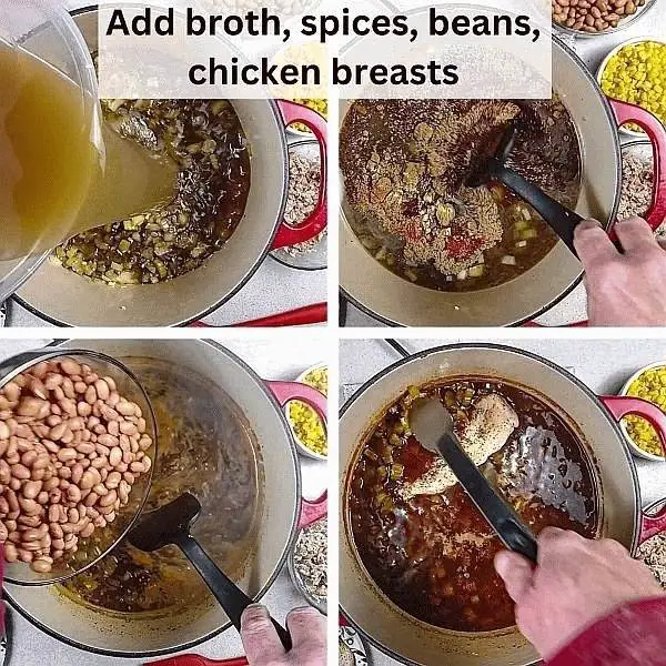 Adding broth, spices, Pinto beans, and chicken breasts to simmer.