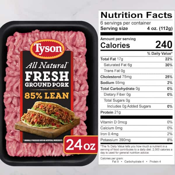 Ground pork packaging and nutrition label